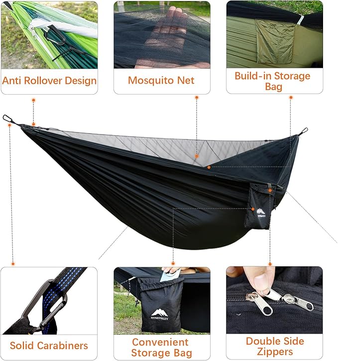 Camping Hammock - Portable Hammock with Mosquito Net Lightweight Backpacking Hammocks Swing Camping Accessories for Indoor Outdoor Beach Backyard Patio Travel Hiking