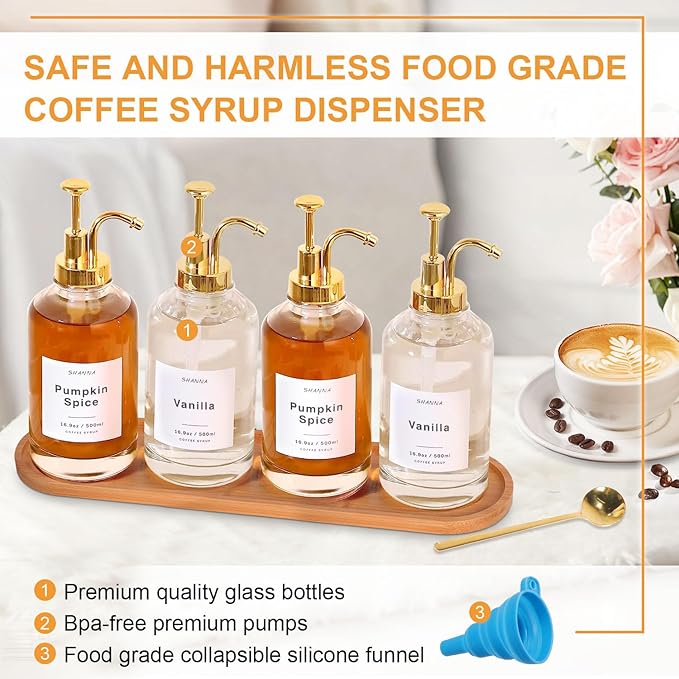 Coffee Syrup Dispenser for Coffee Bar 16.9oz 500ml Glass Syrup Dispenser w Golden Coffee Scoop Coffee Syrup Pump Dispenser w 36 Labels and Bamboo Tray Coffee Syrup Bottles with Golden Pump 4PCS