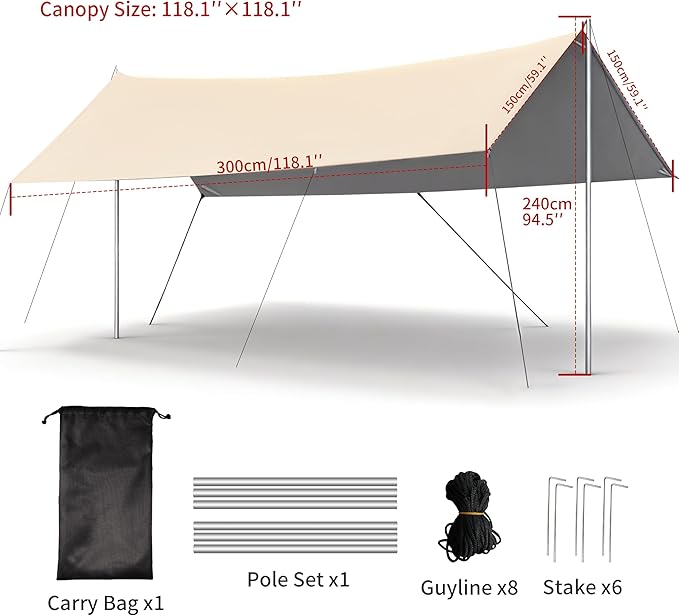 Hexagon Silver Camping Tarp Rain Fly Tarp Camping Canopy Lightweight Ripstop Fabric - UPF50+ Sun Shelter Waterproof &ampWindproof Beach Tent (118x118in Sand Gold Blackout Fabric)