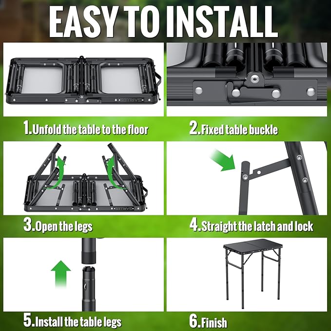 GARLLEN 2ft Folding Camping Table 3 Adjustable Height Lightweight Folded Picnic Table Portable Aluminum Grill Table for Camping BBQ Outdoor 22.8 L x 15.7 W Black