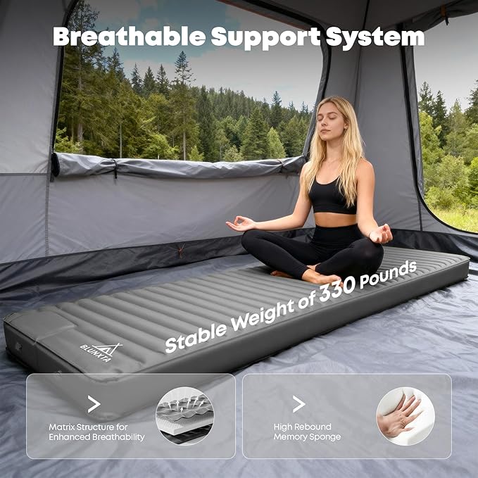 Self Inflating Sleeping Pad with Foot Pump 2 Inch Thick Memory Foam Camping Pad Quick Inflation Air Mattress for Camping Hiking Car Travel and Outdoor Adventures Grey
