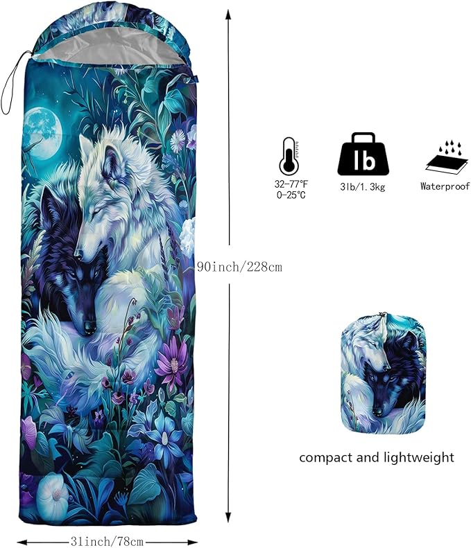 Sleeping Bags for Adults and Kids3D Printing Camping Sleeping Bag for Girls Boys Lightweight Waterproof Cold/Warm 3-SeasonOutdoor Travel with Compression Bags