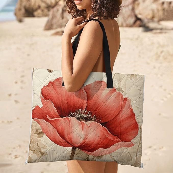 Zipper Poppies and Lace Style Picnic Mat Suitable for Travel Camping Park Or Home Use