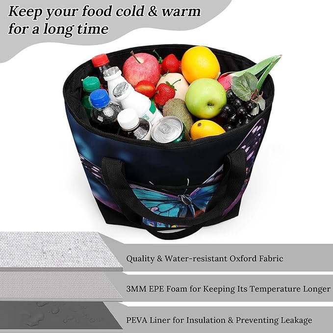 Insulated Shopping BagLarge Reusable Cooler Bags Charming Butterfly Printed Foldable Shopping BagTravel Waterproof Shoulder Bag