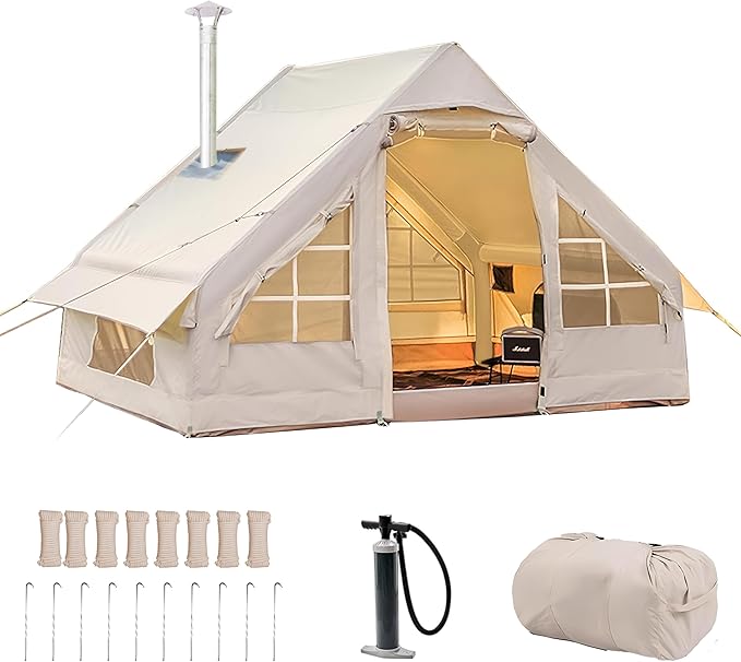 Inflatable Tent Outdoor Easy Setup Inflatable Tents for Camping Portable Blow Up Tent with Stove Jack Cotton Canvas Material for Glamping for 4 Season 4/6/8/10 Person Use