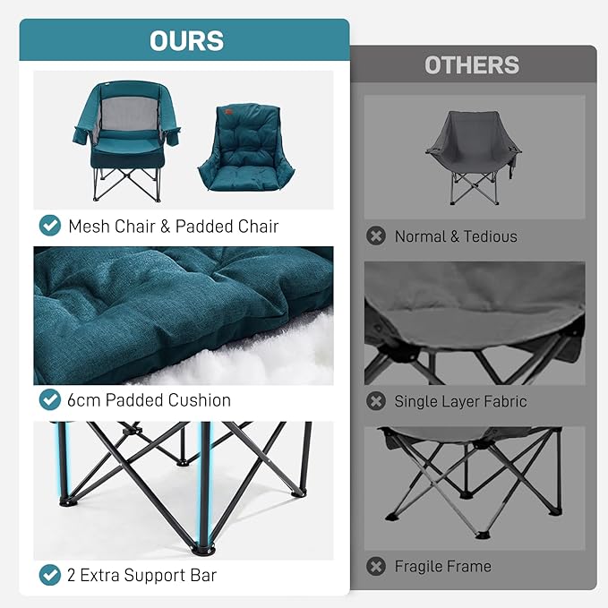 EVER ADVANCED XL Camping Chair with Detachable Cushion Mesh Chair for Adults Foldable Oversized Heavy Duty Folding Chair with Cooler Mesh Pocket Cupholder Outdoor Fishing Supports 400LBS Green