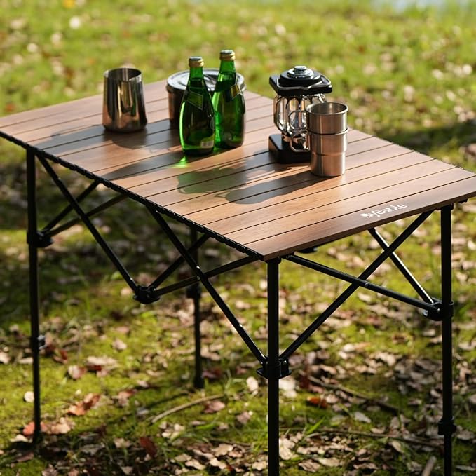 Camping Table Folding Portable Camp Aluminum Fold Up Lightweight Roll Up Table Adjustable Height with Carry Bag Indoor Outdoor for Camping Picnic Backyard BBQ Patio Wood Grain