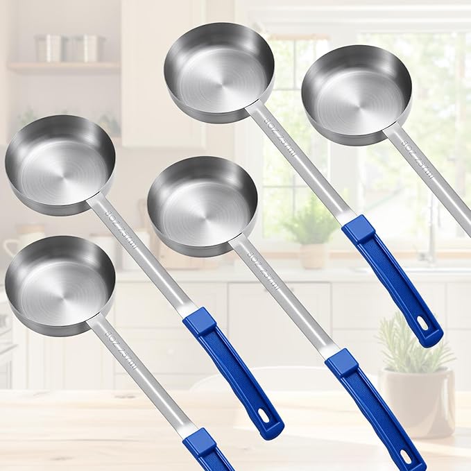 8 Pcs 8oz Portion Control Serving Spoons Unslotted Portion Scoops for Food with Blue Handle Stainless Steel Serving Utensils Set for Restaurant/Weight Loss/Baking