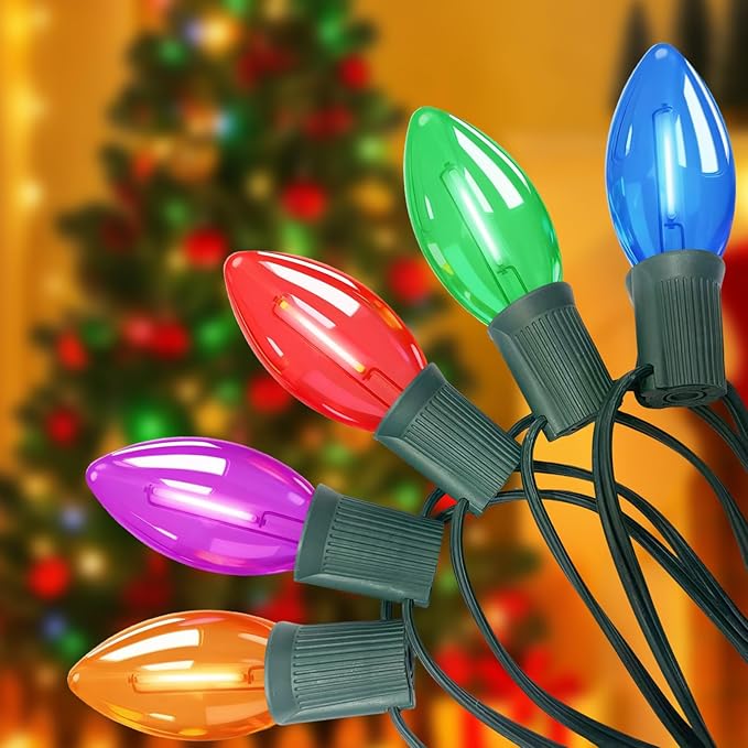 C9 LED Christmas String Lights 25FT Vintage String Lights with 27 C9 Clear Multicolor LED Bulbs Outdoor Hanging Christmas Lights for Xmas Tree Patio Party Roofline Decor - Green Wire