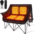 Double Heated Camping Chair Fully Padded Oversized Loverseat Camping Chair w/ 2 x Cup Holder Pillow 2 Person Camping Couch for Outdoor Patio Supports 600lbs Black No Power Bank