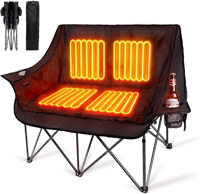 Double Heated Camping Chair Fully Padded Oversized Loverseat Camping Chair w/ 2 x Cup Holder Pillow 2 Person Camping Couch for Outdoor Patio Supports 600lbs Black No Power Bank
