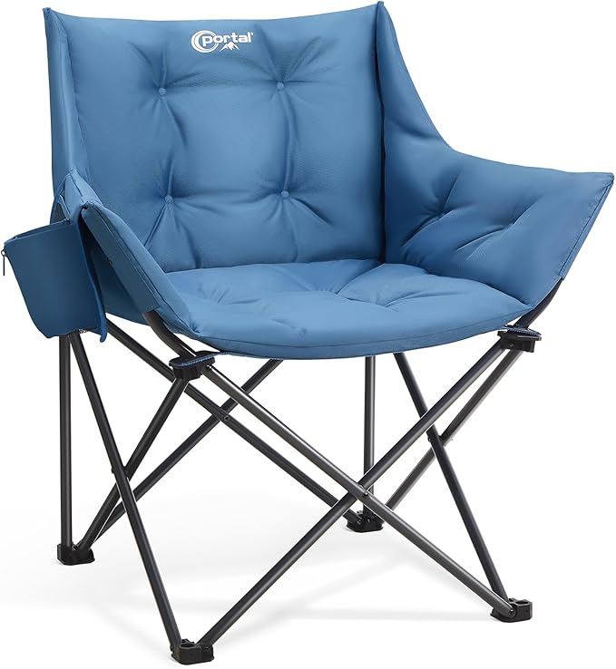 Portal Oversized Padded Camping Chair - Heavy Duty Folding Chair with Cup Holder &amp Side Pocket Supports 350 lbs for Camping Lawn Sports Blue