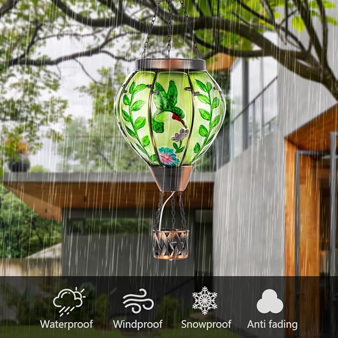 Hummingbird Hot Air Balloon Solar Lantern with Flame  Waterproof Solar Hot Air Balloon Lantern Hanging Outdoor Lanterns Decor for Patio Porch Garden