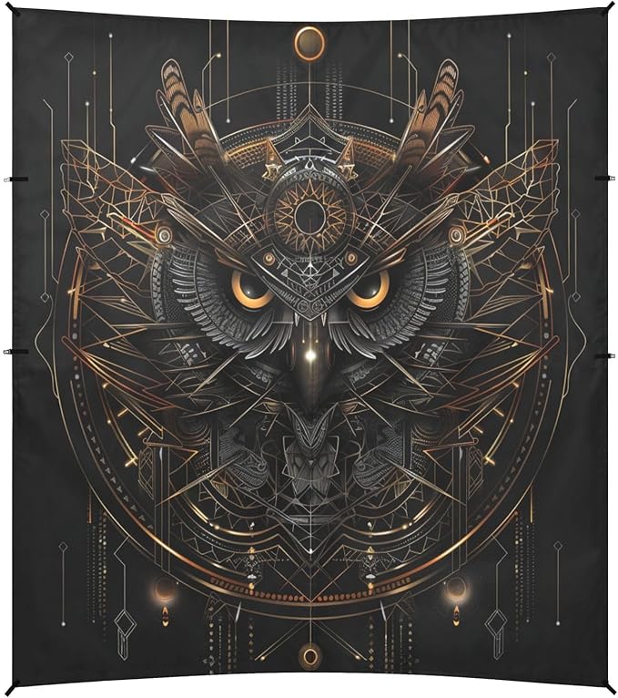 ALAZA Mecha Owl Cyberpunk Black &amp Gold Beach Tent Sun Shelter UPF50+ Protection Beach Shade Canopy w/ 4 Sandbags for Outdoor Camping Fishing Backyard Fun Picnic 10x9 ft