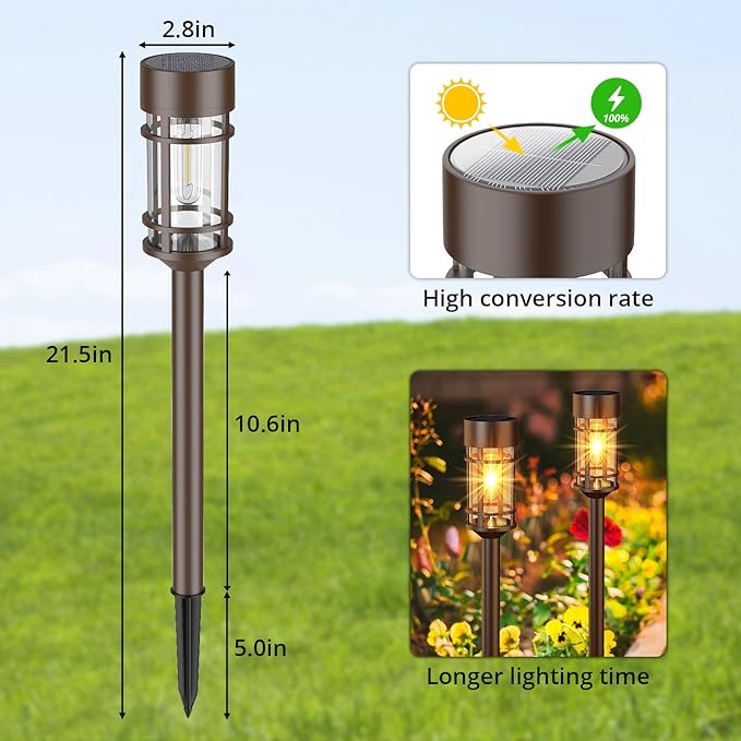 Solar Pathway Lights Outdoor Solar Lights 8 Pack Metal &amp Glass Design - Waterproof Auto On/Off Bright Long-Lasting Garden Landscape Lighting Walkway Driveway