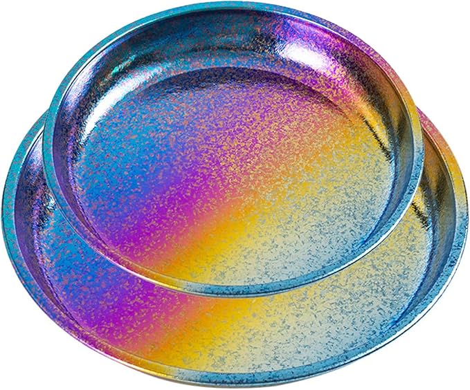 Titanium Camping Plates Lightweight Colorful Round Metal Dishes Durable Outdoor Utensils Rust-Proof Reusable Dinnerware Ideal for Hiking Picnic Camping Backpacking Home RT077T (S+L)