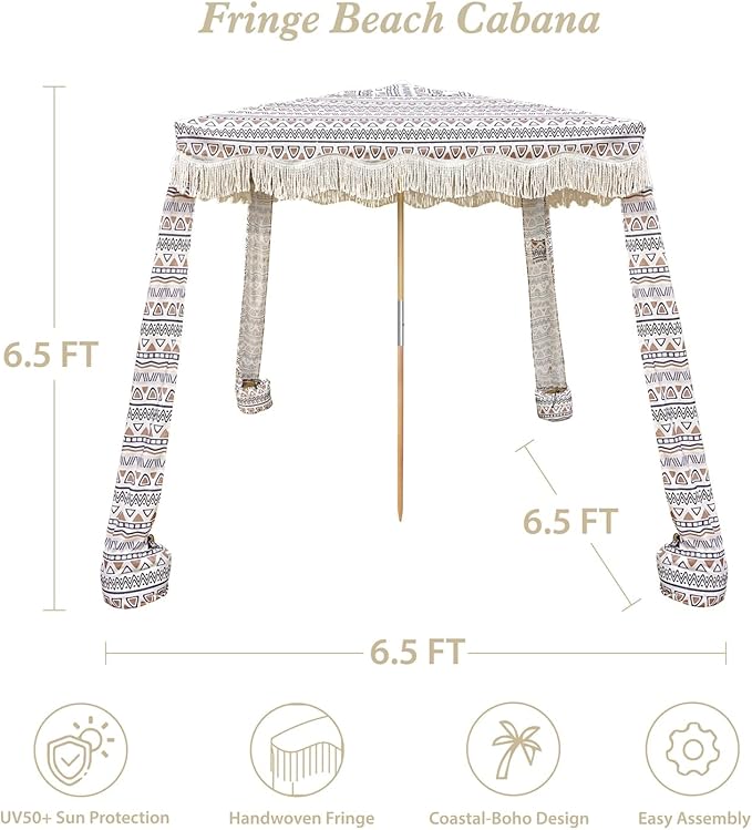 AMMSUN Beach Cabana with Fringe 6.5' x 6.5' Boho Beach Canopy with Tassels Easy Set up &amp Premium Wood Pole Cabana Tent with Sand Pockets Instant Sun Shade for Sand Garden Patio Tan