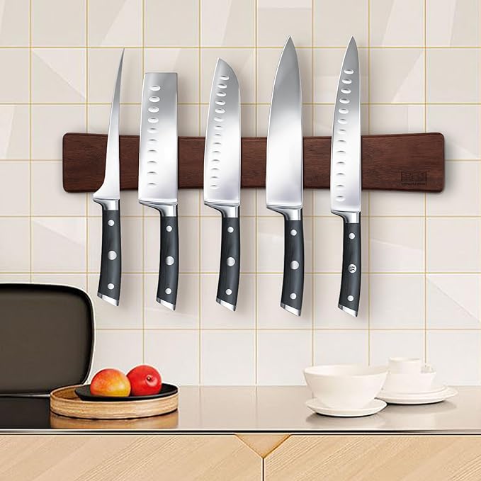 HOSHANHO Magnetic Knife Strips Magnetic Knife Holder for Wall 16 Inch Acacia Wood Knife Magnetic Strip Use as Knife Bar Knife Holder for Kitchen Utensil Organizer