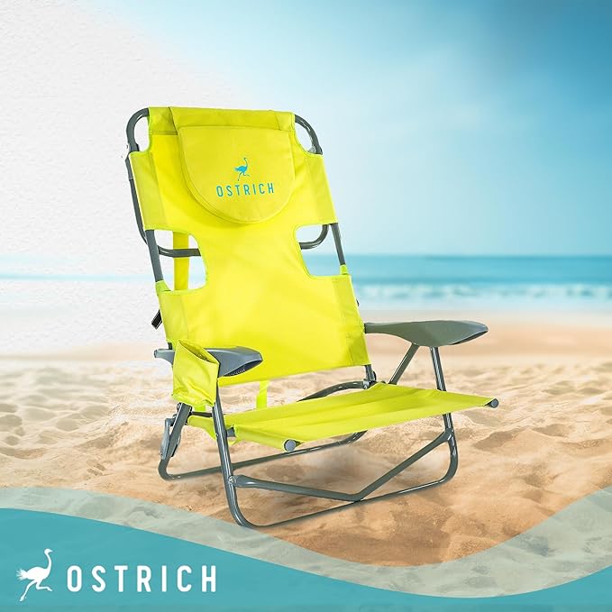 Ostrich the Heavy-Duty Backpacker Portable Beach Chair w/Face Hole Adjustable Lounge Chair w/Face Opening Cup Holder &amp 325lb Capacity Lime Green