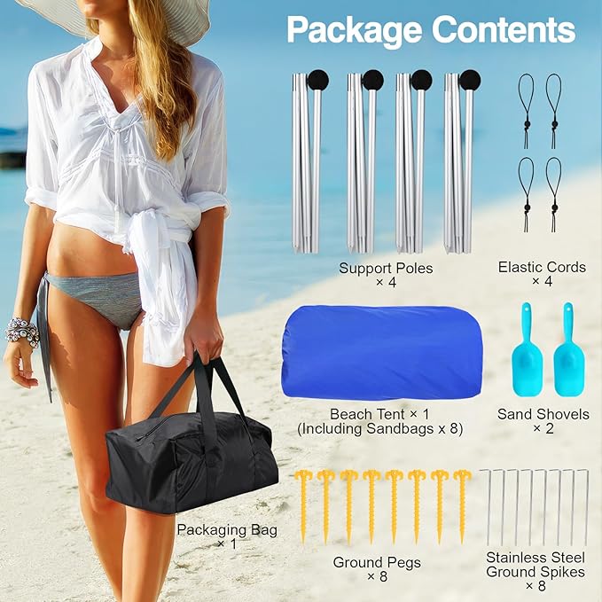 Rhino Valley Beach Tent Shade Canopy UPF50+ Protection 8 Sandbags 4 Stability Poles Outdoor Sun Shelter Umbrella for Sand Camping Fishing Essentials