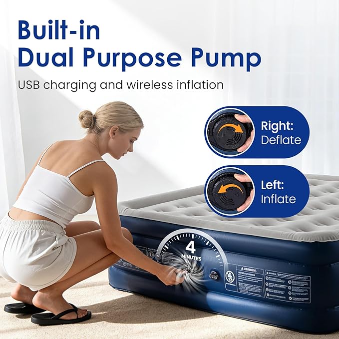 Lamberia Air Mattress with Built in 2 Purpose Pump 18 Raised 660lbs Max Comfort Inflatable Mattress Blow up Mattress Portable Air Bed for Camping Guests Home Colchon(Blue GreyQueen)