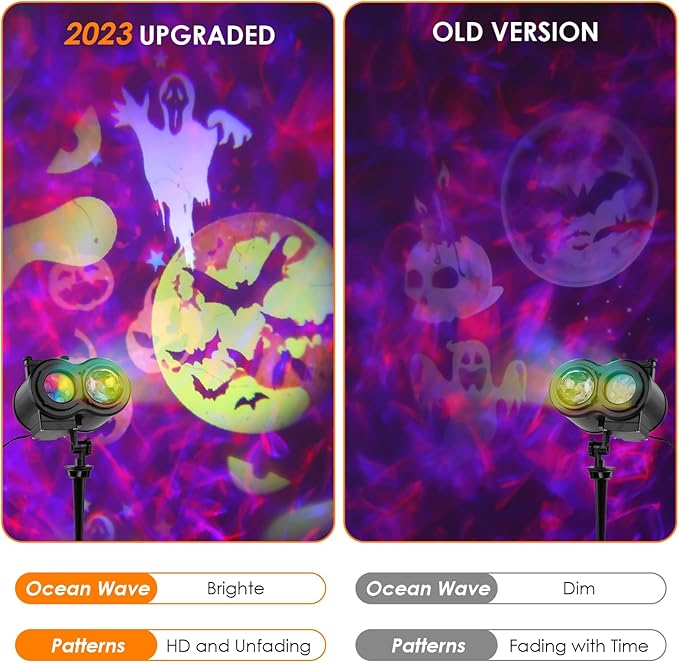 Halloween Christmas Projector Lights Outdoor Brighter 14 HD Slides (3D Ocean Wave +Patterns) Waterproof Holiday Projector Lights Outdoor Indoor Xmas Halloween Decorations for Yard Garden