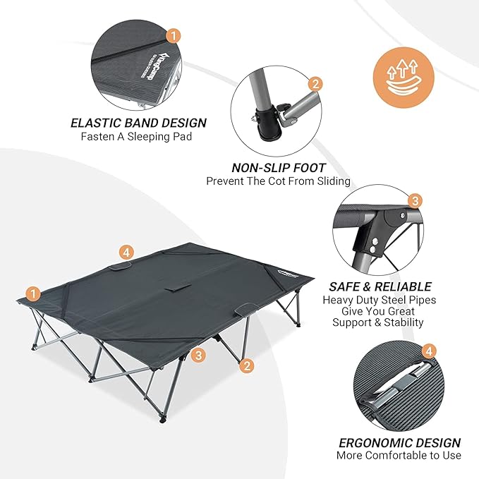 KingCamp 2 Person Queen Size Camping Cot Folding Portable Double 550lbs Heavy Duty Oversized Large Wide XXL Foldable Sleeping Bed with Carry Bag for Two Adult Outdoor Travel Tent Grey