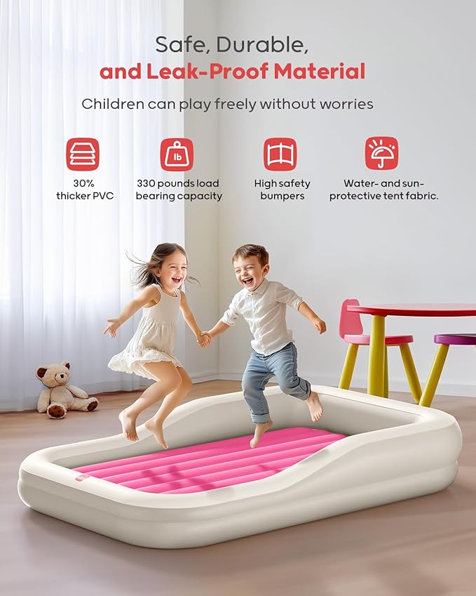 QPAU Inflatable Toddler Travel Bed with Tent Portable Kids Air Mattress with Safety Sides Ideal for Home Grandma's Camping Traveling -Includes Fast Electric Pump