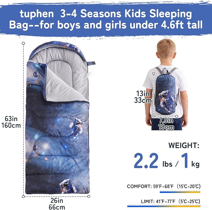 tuphen Kids Sleeping Bag - 50-77℉ 3-Season Waterproof Sleeping Bag for Boys &amp Girls Lightweight 2.2 lbs Camping Gear with Compression Bag Ideal for Camping Hiking Indoor