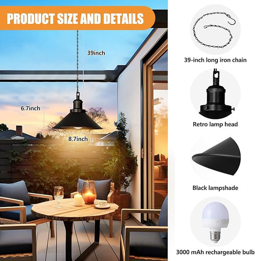 2 Pack Black Portable Battery Operated Hanging Lights Rechargeable Wireless Outdoor Pendant Light with Remote Battery Powered Chandelier Lantern Fixture for Indoor Outdoor Gazebo Porch Patio