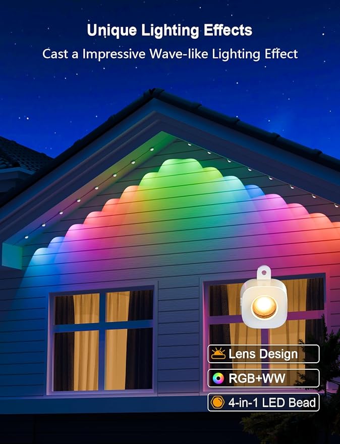 ANGELHALO Permanent Outdoor Lights 150ft Smart RGB Outdoor Lights with 108 LED Lights Cool/Warm Eaves Lights IP65 Waterproof for Outdoor Decor Garden Decor Compatible with Alexa Google Assistant