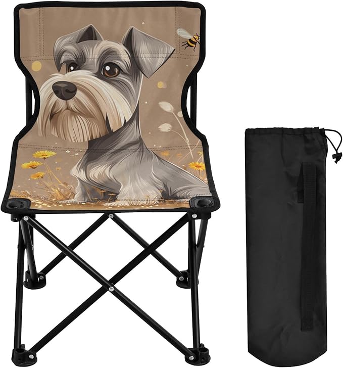 Cartoon Lovely Miniature Schnauzer Dogs Brown Collapsible Camp Chairs for Adults Heavy Duty Ultra-Lightweight Portable Chair Includes Carry Bag Ice Fishing Chair with Back for Traveling Indoor