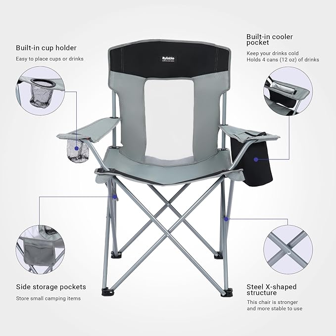 Camping Chairs Lawn Portable Foldable Camp Folding Lightweight Chair for Adults with Drink Holder and Cooler Pouch Outdoor for Camping Lawn Sports Picnic Music Festival Gray Black