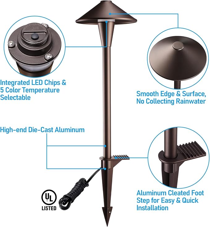 LEONLITE Update 5CCT Low Voltage Pathway Lights LED Landscape Path Lights 1800/2700/3000/4000/5000K Flat Cone Head 12-24V AC/DC IP65 Outdoor Walkway Light Oil Rubbed Bronze Aluminum Pack of 6