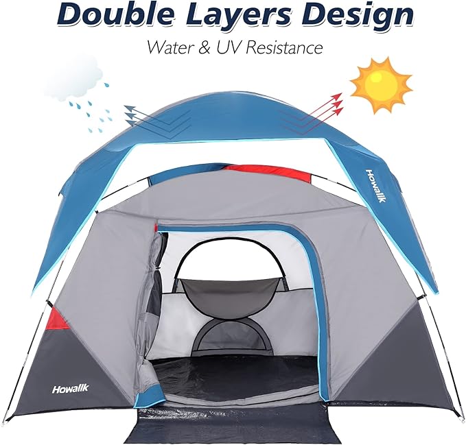 Camping Tent 4 Person Dome Tents Easy Set Up Waterproof Tent with Carry Bag Mesh Door Portable Family Tent with Rainfly for for Traveling and Family Hiking Blue