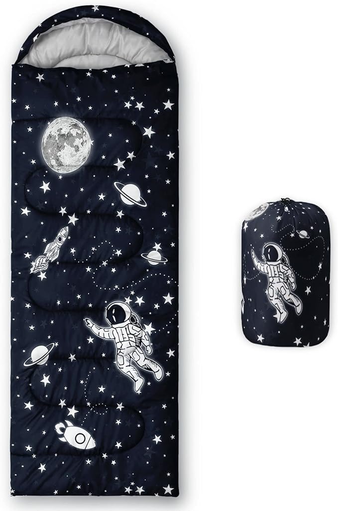 Kids Sleeping Bag for Boys GirlsRocket Astronaut Moon Print-Lightweight Warm Portable Outdoor Indoor-Waterproof Cold Weather Resistant Sleeping Bag for Camping Hiking(Rocket)