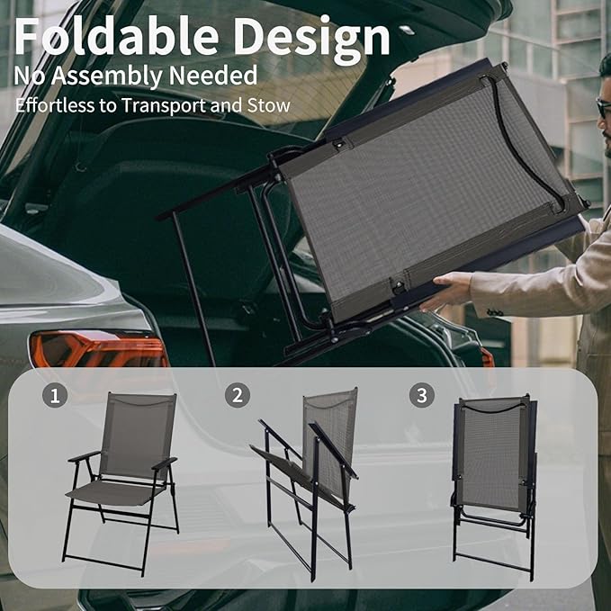 SHGJ&ampSOFT Set of 6 Folding Patio Chairs Outdoor Chair with Armrests for Lawn Garden Pool Beach Yard Lounge Metal Frame No Assembly Camping Chairs (Grey 6pc)