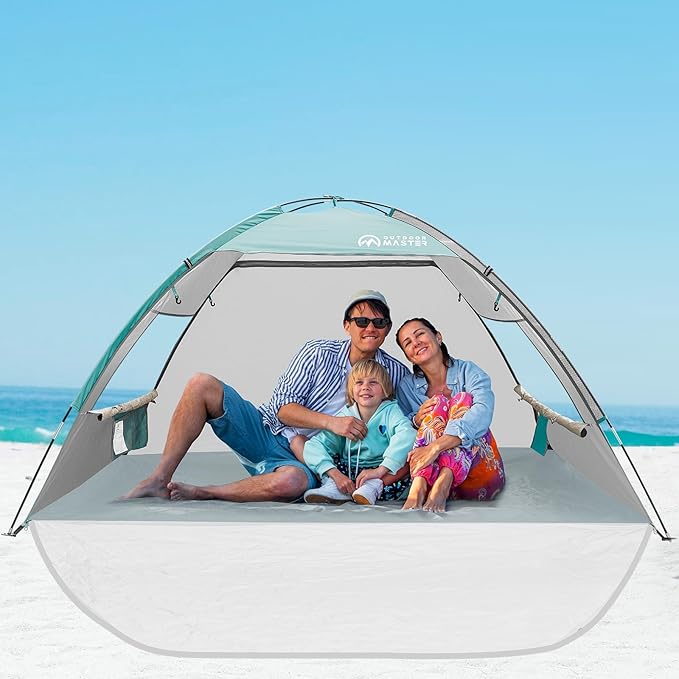 OutdoorMaster Update Beach Tent Sun Shelter with 2 Ventilated Doors UPF50+ Easy Setup Beach Tent Canopy for 3 Person Portable Family Beach Umbrellas for Sand with Carrying Bag - Pale Green