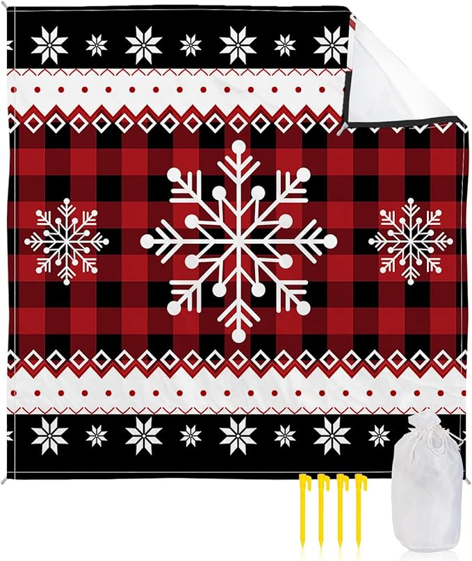 Beach Blanket Waterproof Sandproof Christmas Winter Snowflake Red Ripple Quick Drying Beach Mat with 4 Stakes Retro Black Buffalo Plaid Lightweight Picnic Blanket for Travel Camping Outdoor 95x80