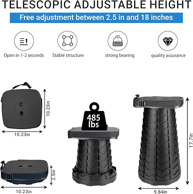 Upgraded Square Folding Stool Max Load Capacity 485lbs Portable Collapsible Seat Telescoping Foldable Stool for CampingFishingHikingTravel