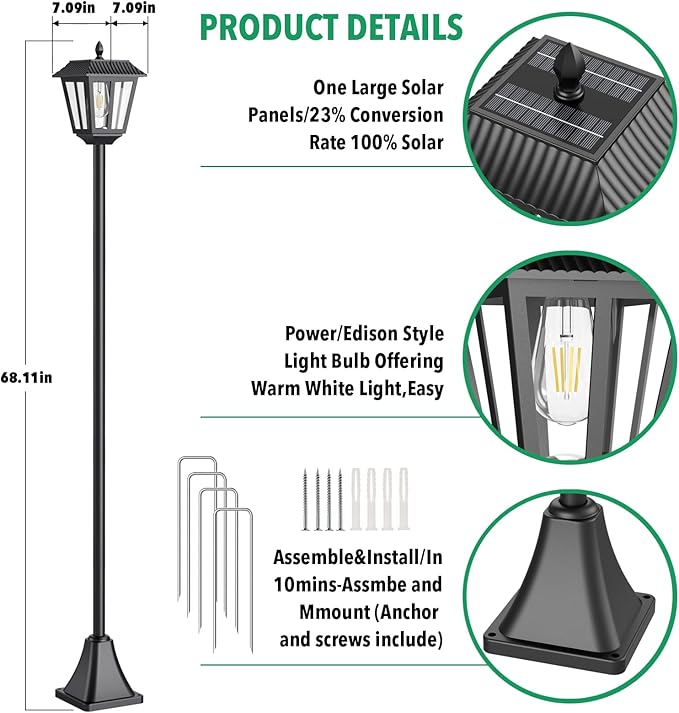 68 Solar Lamp Post Light Outdoor - 3000K Warm White IP45 Waterproof Post Solar Lights Outdoor Pole Lights Decorative Lamp for Yard Garden Patio Lawn Pathway Driveway Front/Back Door (2PK)