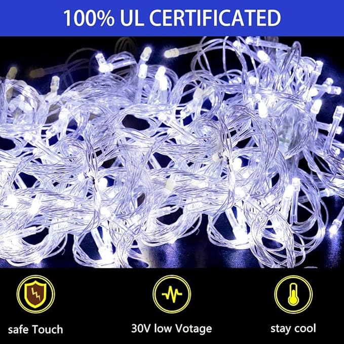 PUHONG Christmas Decoration Star Lights Outdoor320 LED 16.4Ft Christmas String Lights[8 Modes &amp Waterproof] for Halloween Xmas New Year Holiday(Iron) (White)