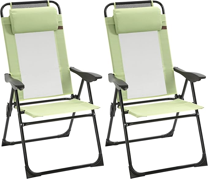 Folding Patio Chairs Set of 2 Outdoor Deck Chair with Adjustable Sling Back Camping Chair with Removable Headrest for Garden Backyard Lawn (Green)