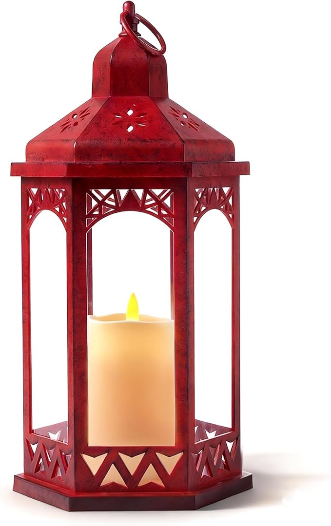 Candle Lanterns Outdoor Lanterns Decorative Indoor for Porch with Flickering LED Candles Hexagonal Battery Operated Lighting with Hanging Hook Perfect for Party Decor
