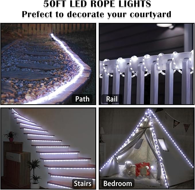 50Ft 600 LED Rope Lights Outdoor White Flexible Tube Light Waterproof Plug in 8 Modes Timer Memory Permanent String Lights for TreePool Bedroom Fence Garden Indoor Outside Decorations