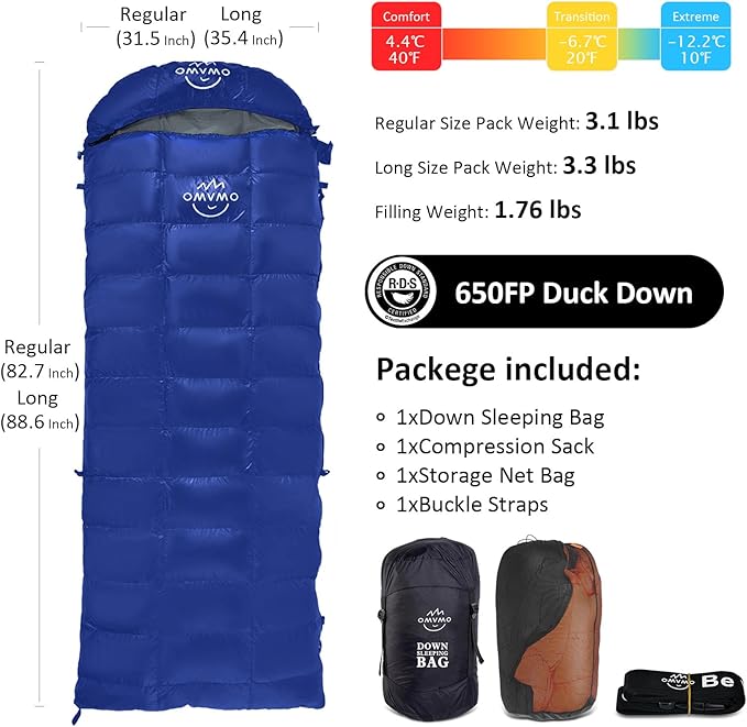 -10°F 0°F 10°F 15°F Down Sleeping Bag for Adults800/650 Fill PowerUltralight Wearable 4 Season Cold Weather Rectangle Sleeping Bag for Camping HikingCan be Used as a Down Blanket or Cloak
