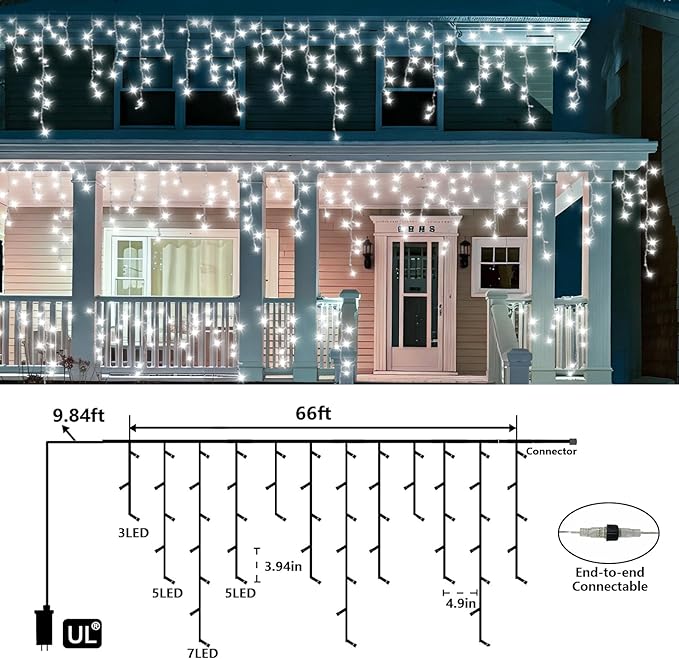 QITONG Icicle Lights for Outside 66ft 800 LED String Lights Plug in with 8 Modes Connectable White Icicle Christmas Light Clear Wire Indoor