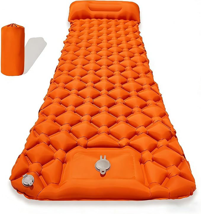 SNZ Camping Sleeping Pad Ultralight Camping Mat with Pillow Built-in Foot Pump Inflatable Sleeping Pads Compact for Backpacking Tent Travel Outdoor Activities (Single)