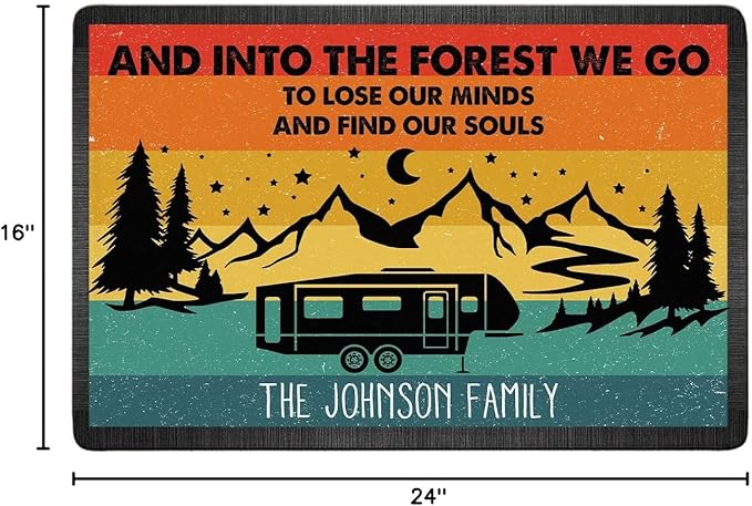 Personalized Into The Forest We Go to Lose Our Minds Find Souls Doormat - Family Name Camping Door Mat RV Accessories for Inside Outside Travel Trailers Funny Campsite Decorations 16 x 24 inches