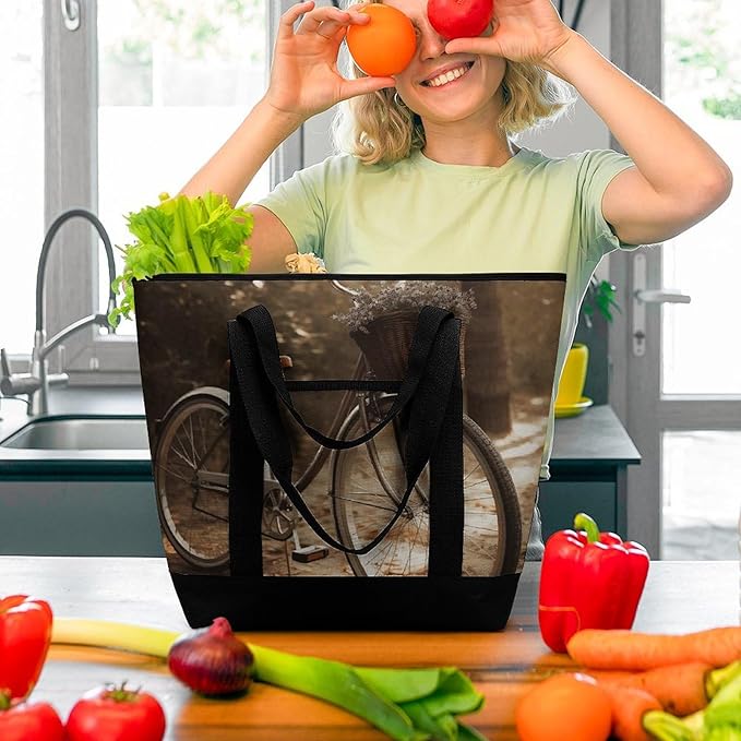 Insulated Shopping BagLarge Reusable Cooler Bags Bicycle Printed Foldable Shopping BagTravel Waterproof Shoulder Bag